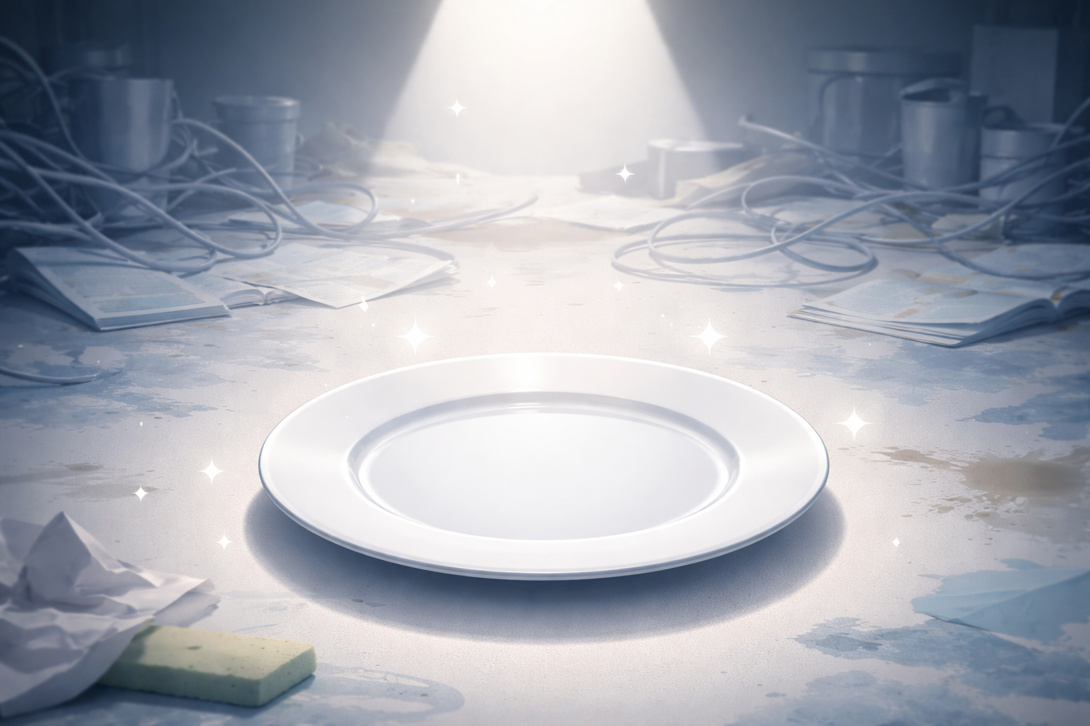 A clean-looking plate in a dirty kitchen.