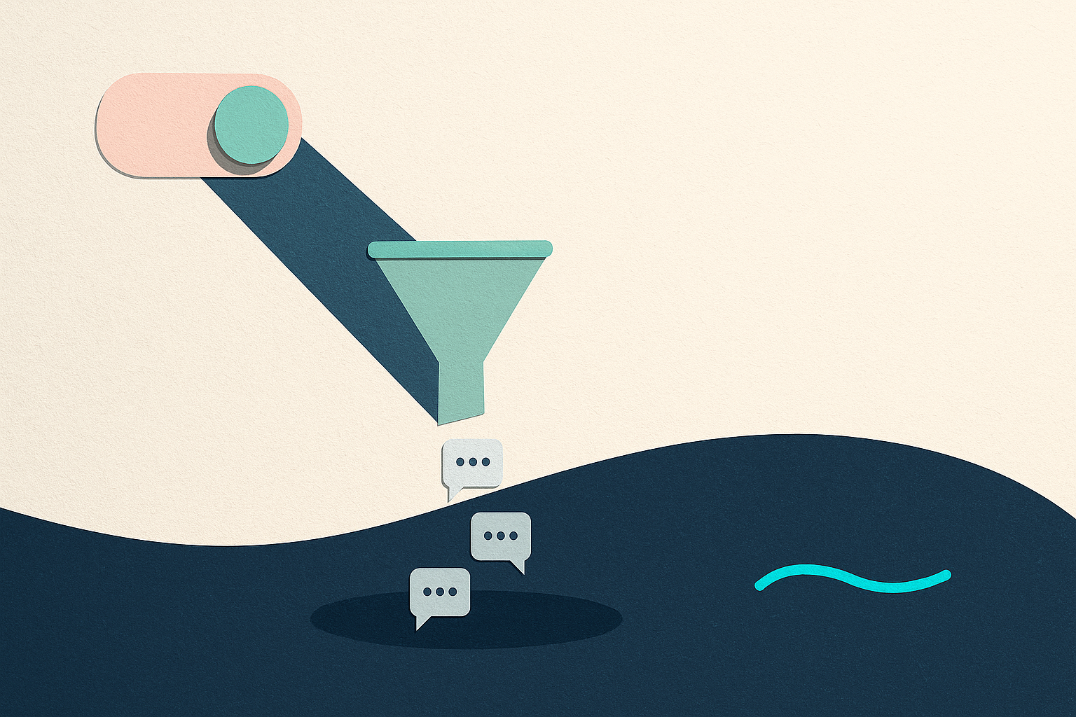 A tiny privacy toggle casting a shadow that becomes a funnel sending chat bubbles into a data lake.